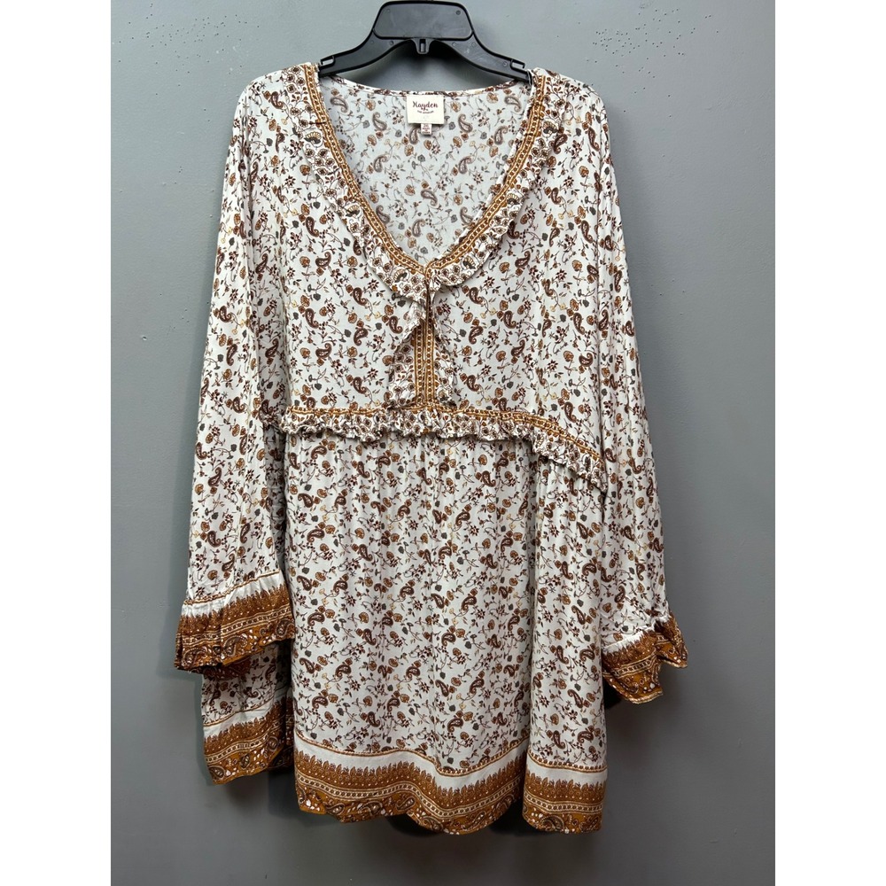 Hayden Tunic Top Womens 2XL White Brown Paisley Boho Festival Plus size